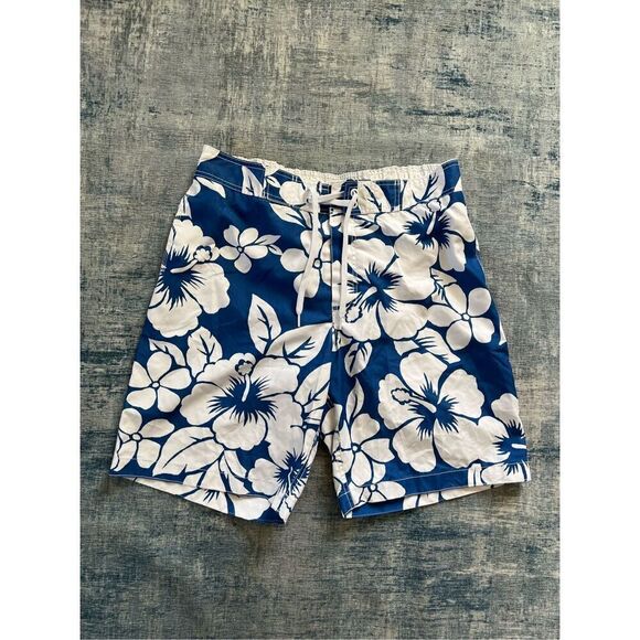 Old Navy Blue White Tropical Floral Print Swim Trunks Large - Picture 1 of 6